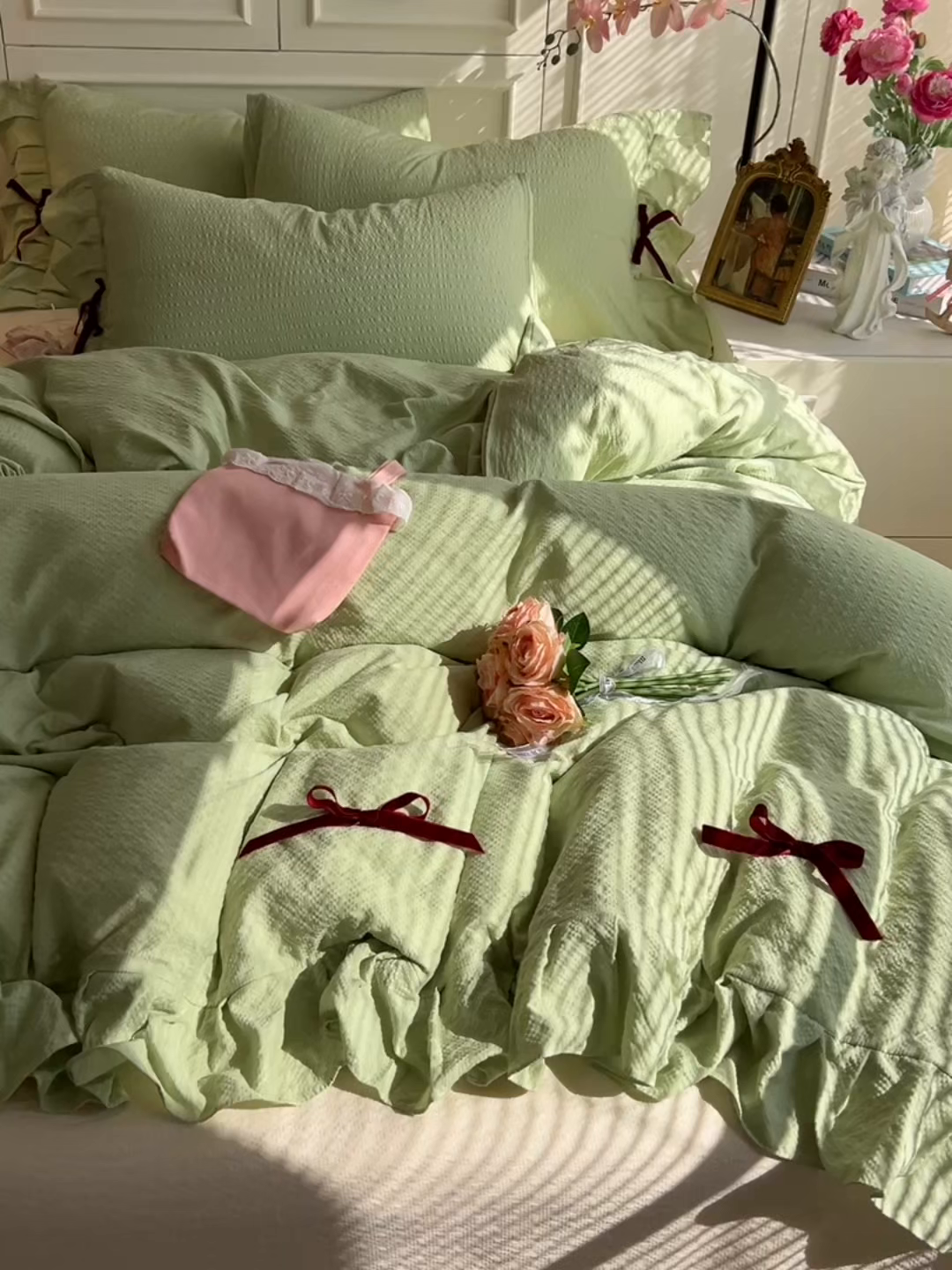 91家纺网 家纺一手货源 找家纺 瑞禾家纺（原阿亮） 2026春夏新款提花泡芙棉花边蝴蝶结床单床笠四件套-甜心公主 甜心公主-薄荷绿