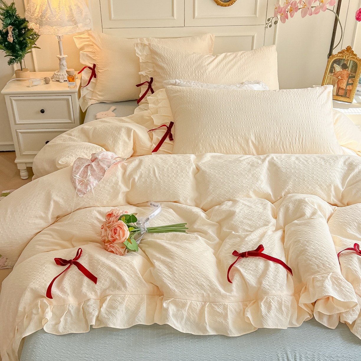 瑞禾家纺（原阿亮） 2026春夏新款提花泡芙棉花边蝴蝶结床单床笠四件套-甜心公主 甜心公主-奶白