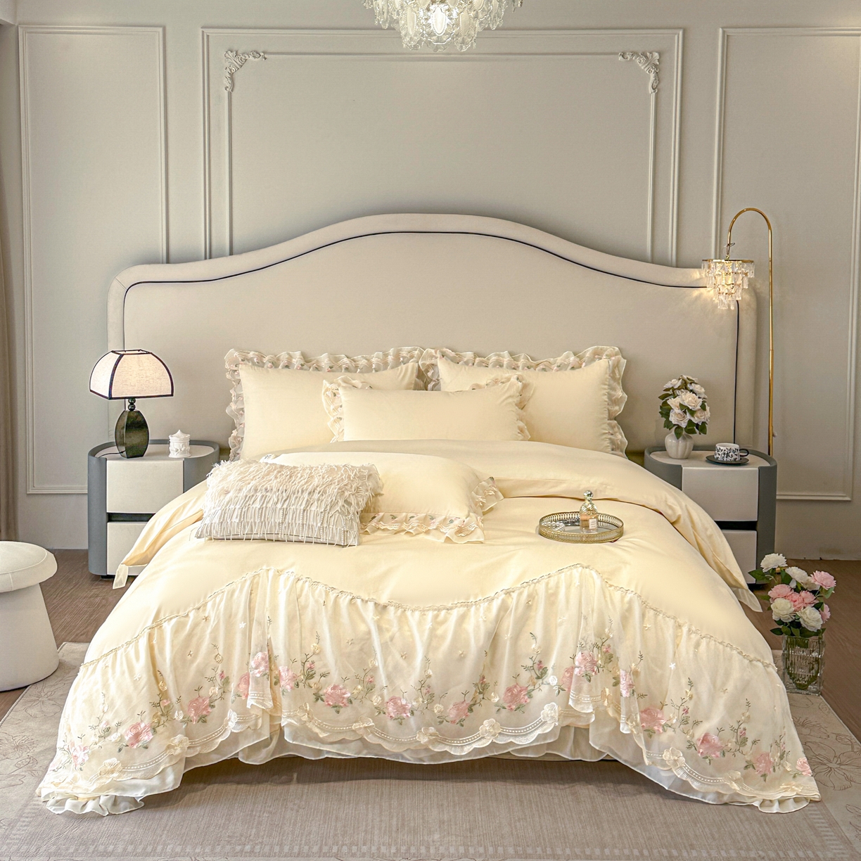 91家纺网 家纺一手货源 找家纺 （总）绒掌柜家纺（品质焕新） 2026新品100S长绒棉蕾丝花边精密刺绣四件套-巴黎仙子系列-礼盒装