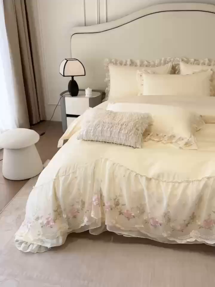 91家纺网 家纺一手货源 找家纺 （总）绒掌柜家纺（品质焕新） 2026新品100S长绒棉蕾丝花边精密刺绣四件套-巴黎仙子系列-礼盒装