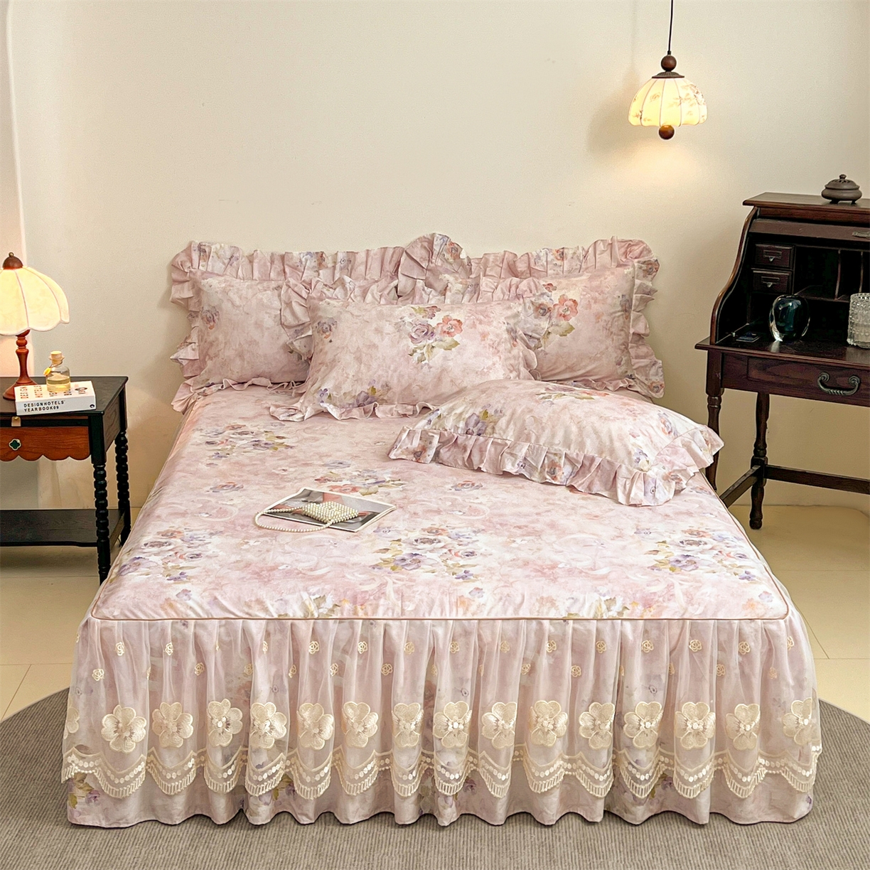 91家纺网 家纺一手货源 找家纺  宜凡家纺 2026新款全棉数码印花单层床裙三四件套①号系列三件套 香雪海