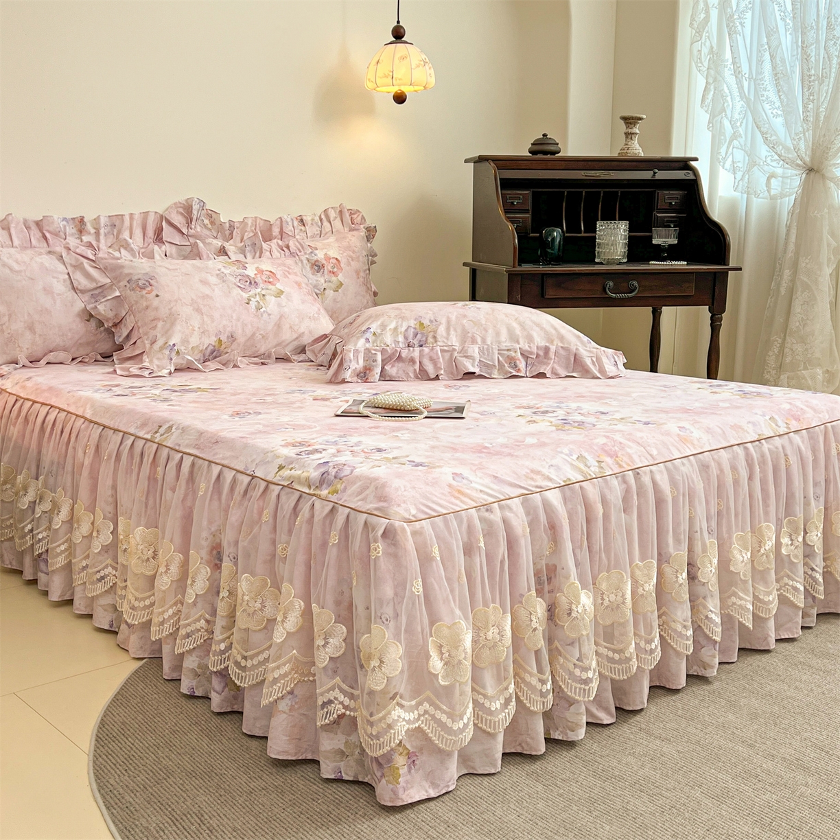 91家纺网 家纺一手货源 找家纺  宜凡家纺 2026新款全棉数码印花单层床裙三四件套①号系列三件套 香雪海