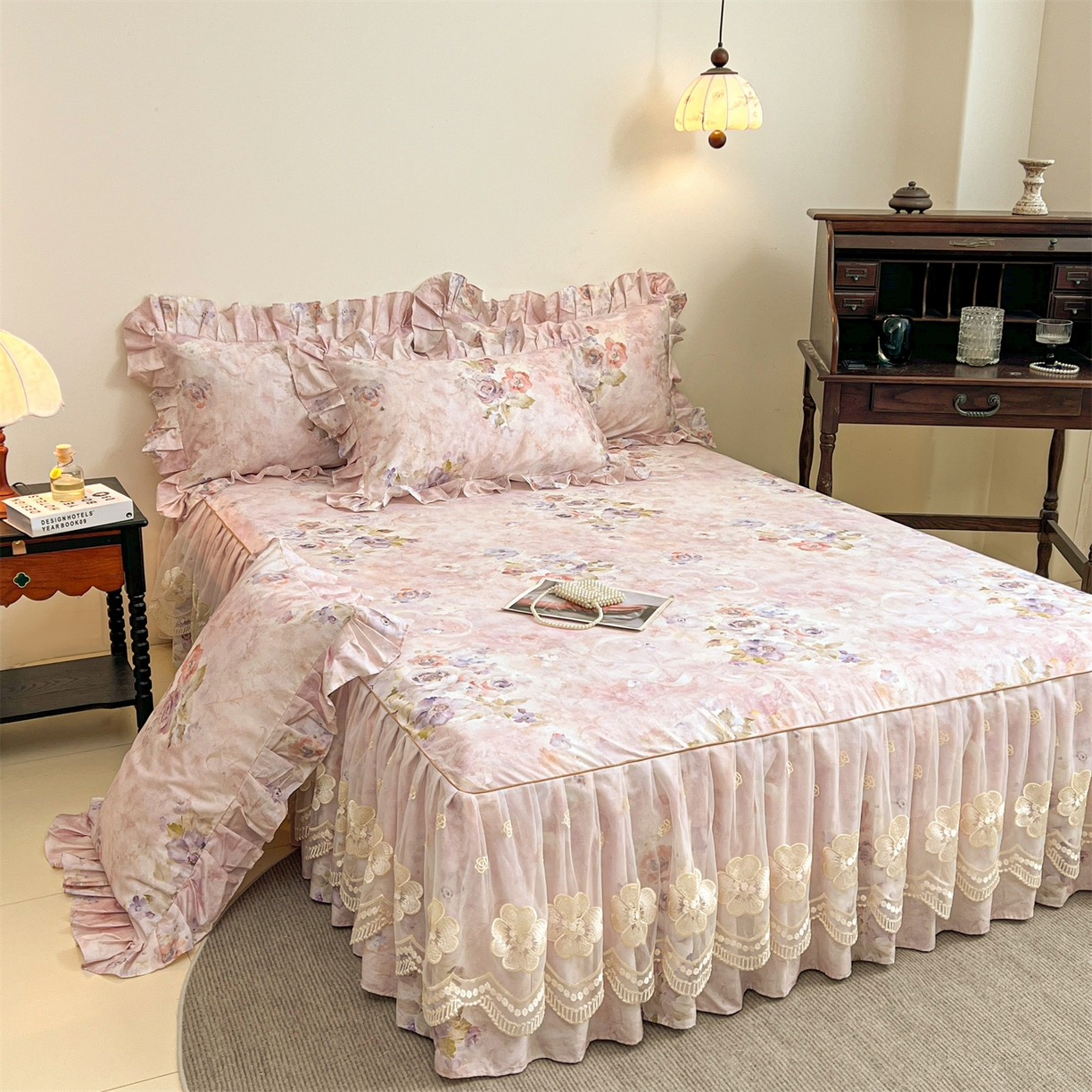 91家纺网 家纺一手货源 找家纺  宜凡家纺 2026新款全棉数码印花单层床裙三四件套①号系列三件套 香雪海