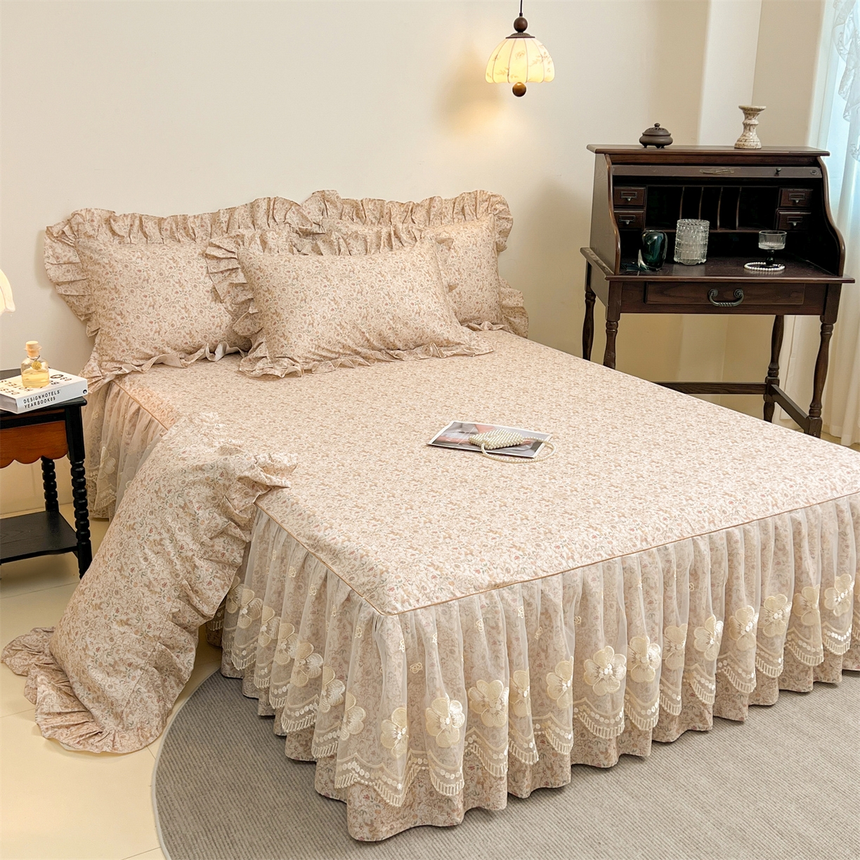 91家纺网 家纺一手货源 找家纺  宜凡家纺 2026新款全棉数码印花单层床裙三四件套①号系列三件套 云卷