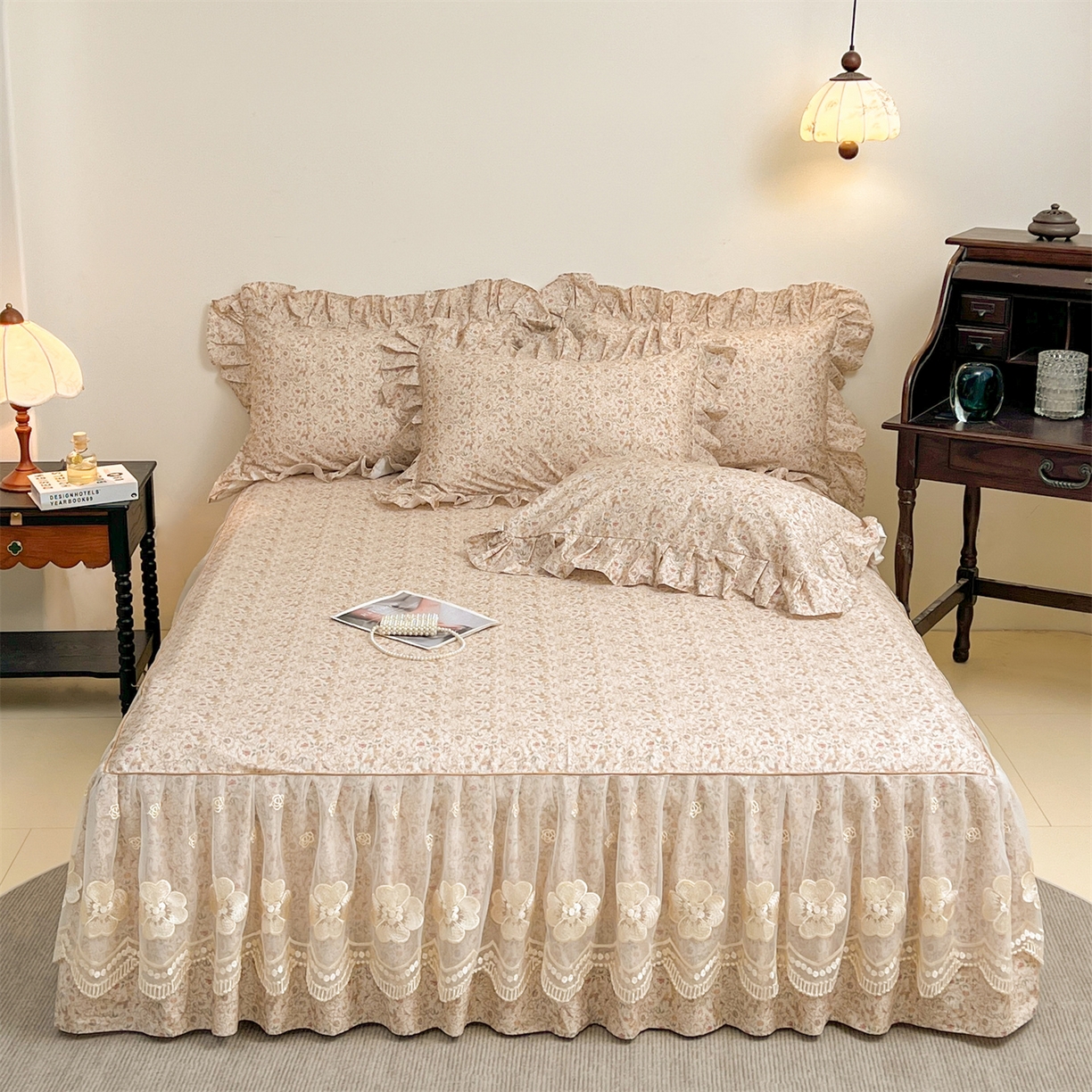 91家纺网 家纺一手货源 找家纺  宜凡家纺 2026新款全棉数码印花单层床裙三四件套①号系列三件套 云卷