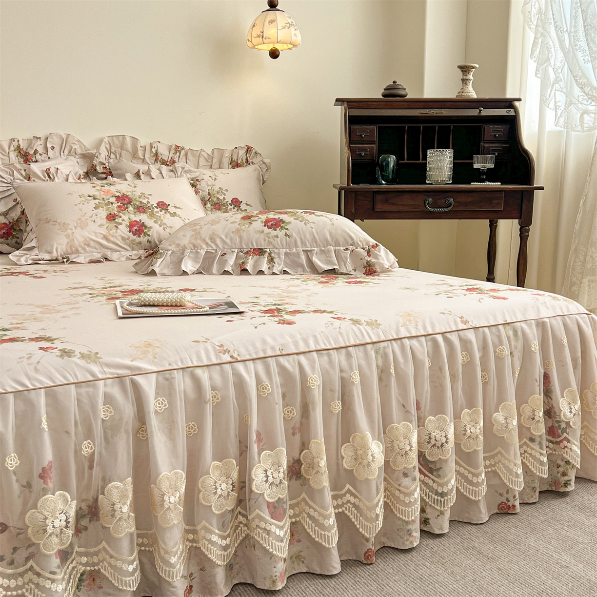 91家纺网 家纺一手货源 找家纺  宜凡家纺 2026新款全棉数码印花单层床裙三四件套①号系列三件套 云栀