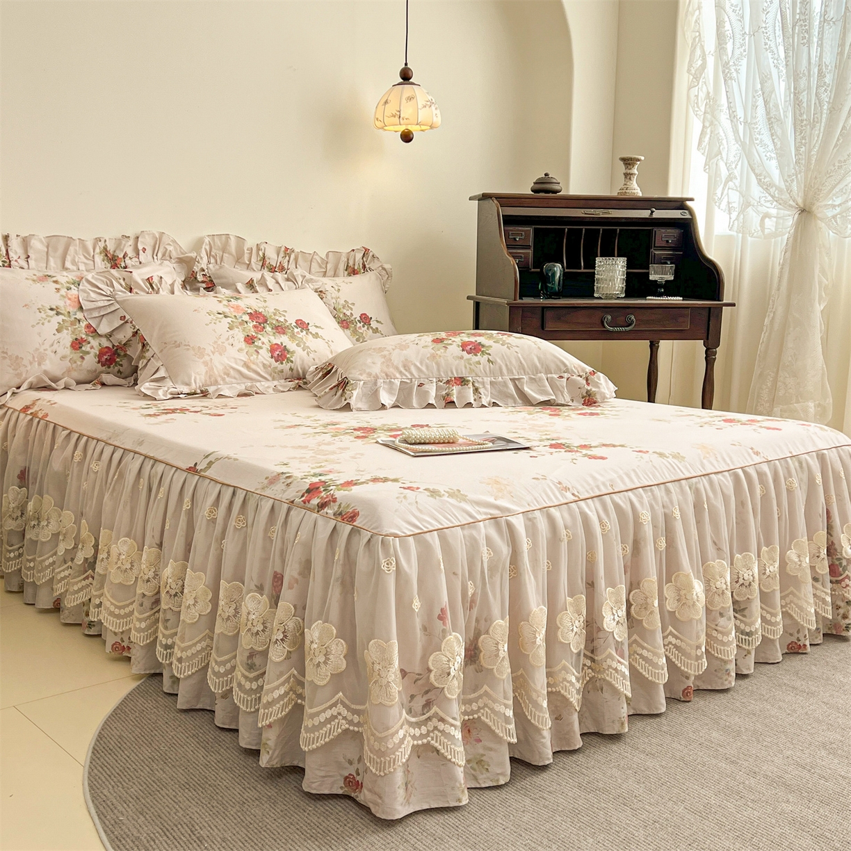 91家纺网 家纺一手货源 找家纺  宜凡家纺 2026新款全棉数码印花单层床裙三四件套①号系列三件套 云栀