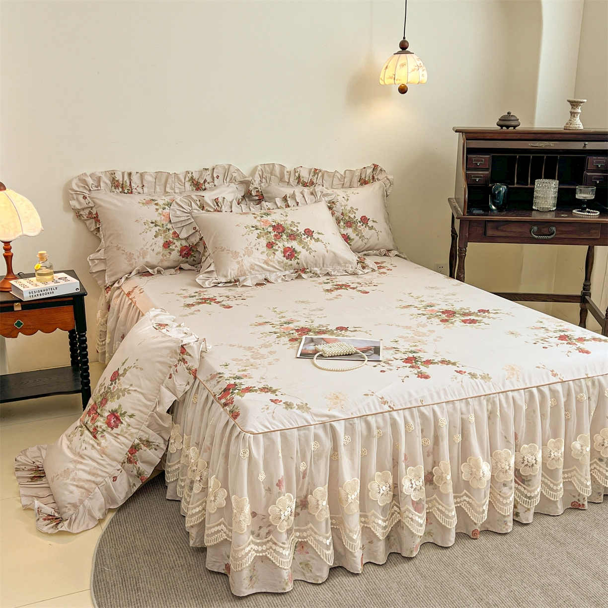 91家纺网 家纺一手货源 找家纺  宜凡家纺 2026新款全棉数码印花单层床裙三四件套①号系列三件套 云栀