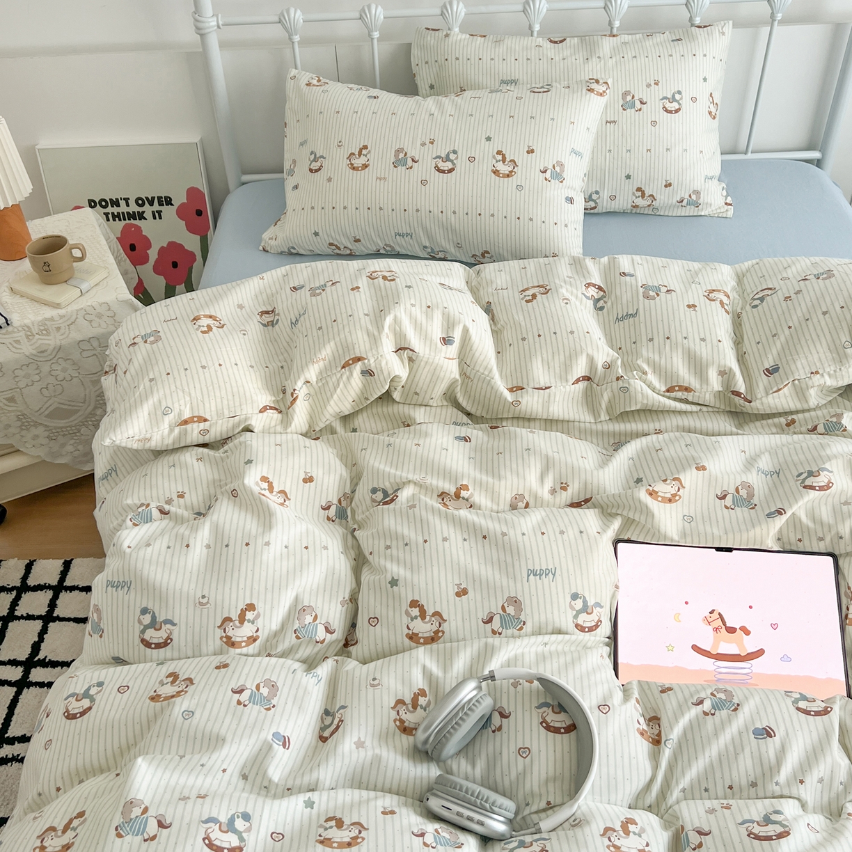 91家纺网 家纺一手货源 找家纺 早晨家纺 2026新款INS减龄可爱风卡通40支全棉纯棉色织水洗棉四件套 春日木马记