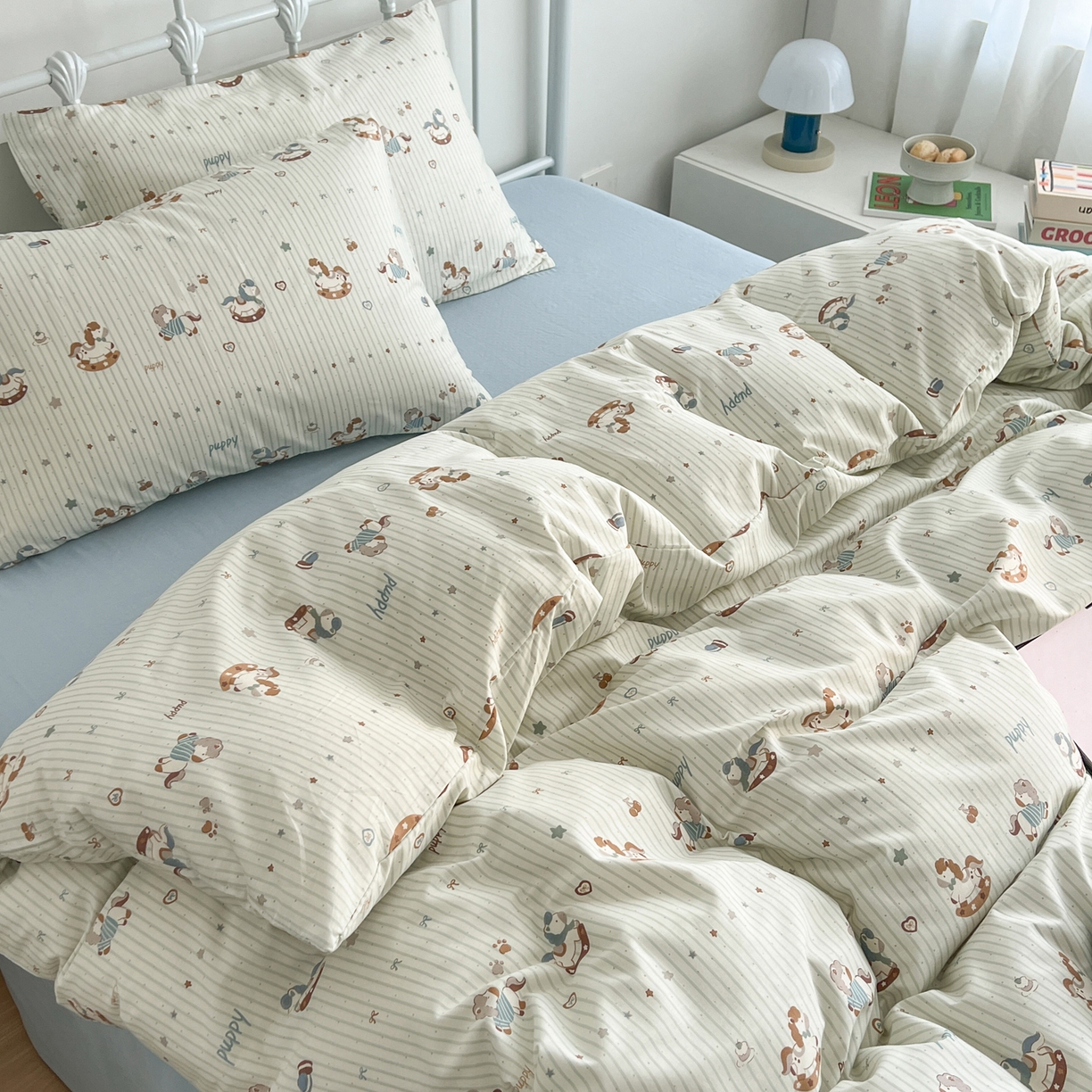 91家纺网 家纺一手货源 找家纺 早晨家纺 2026新款INS减龄可爱风卡通40支全棉纯棉色织水洗棉四件套 春日木马记