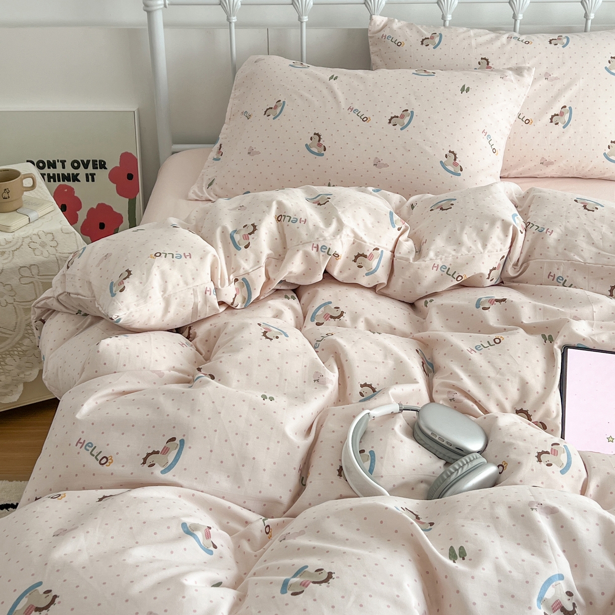 91家纺网 家纺一手货源 找家纺 早晨家纺 2026新款INS减龄可爱风卡通40支全棉纯棉色织水洗棉四件套 粉波点摇摇马