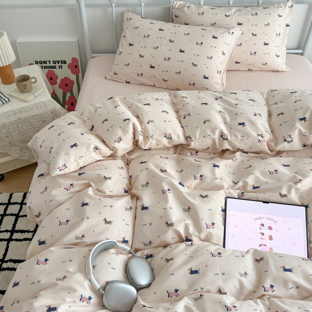 91家纺网 家纺一手货源 找家纺 早晨家纺 2026新款INS减龄可爱风卡通40支全棉纯棉色织水洗棉四件套 奶油小狗派对