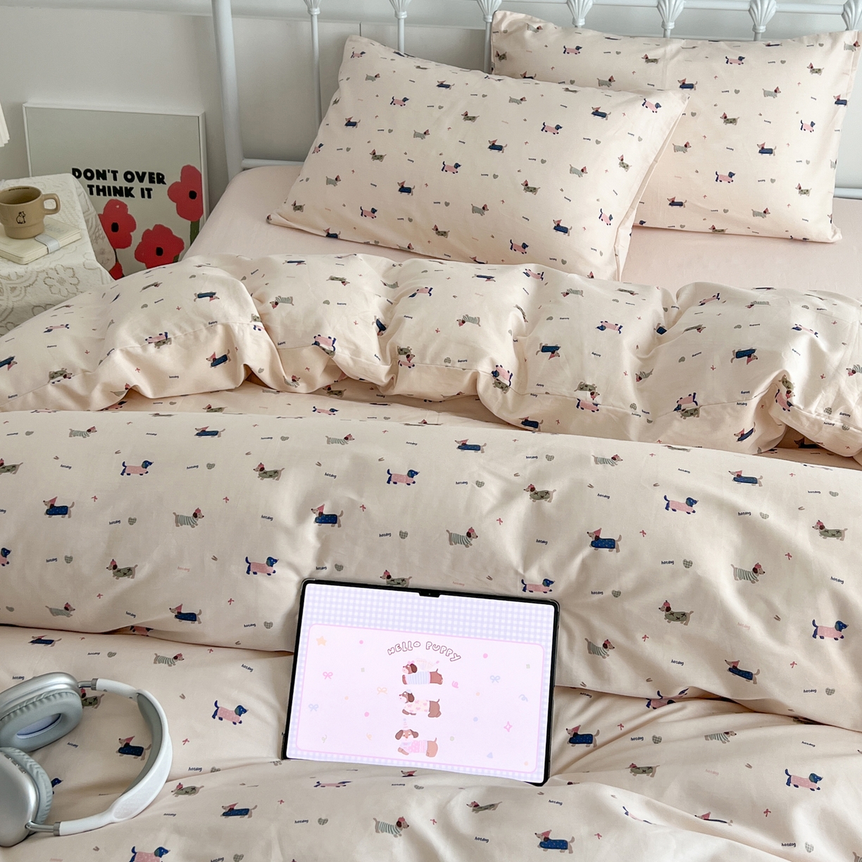 91家纺网 家纺一手货源 找家纺 早晨家纺 2026新款INS减龄可爱风卡通40支全棉纯棉色织水洗棉四件套 奶油小狗派对