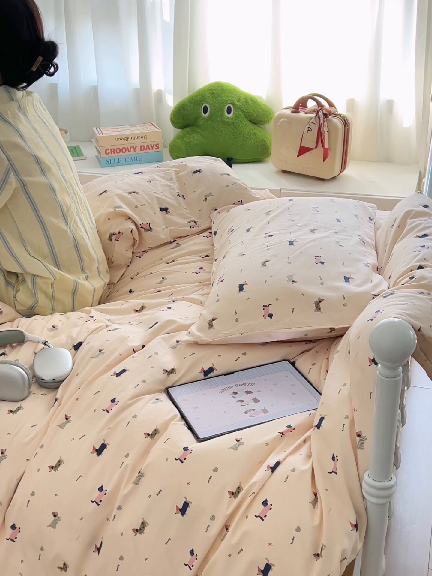 91家纺网 家纺一手货源 找家纺 早晨家纺 2026新款INS减龄可爱风卡通40支全棉纯棉色织水洗棉四件套 奶油小狗派对