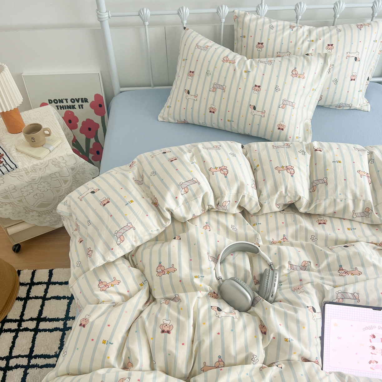 91家纺网 家纺一手货源 找家纺 早晨家纺 2026新款INS减龄可爱风卡通40支全棉纯棉色织水洗棉四件套 趣味狗