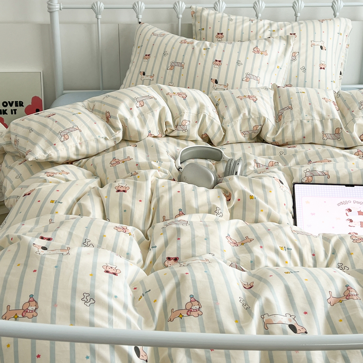 91家纺网 家纺一手货源 找家纺 早晨家纺 2026新款INS减龄可爱风卡通40支全棉纯棉色织水洗棉四件套 趣味狗