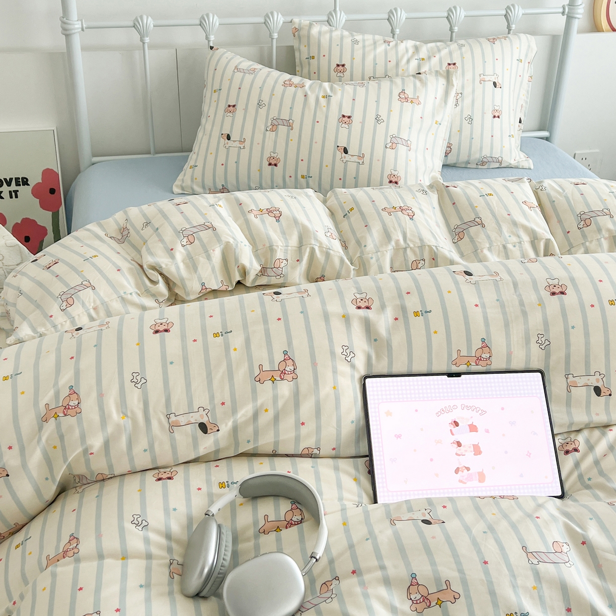 91家纺网 家纺一手货源 找家纺 早晨家纺 2026新款INS减龄可爱风卡通40支全棉纯棉色织水洗棉四件套 趣味狗