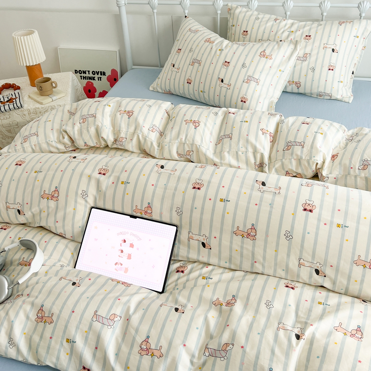 91家纺网 家纺一手货源 找家纺 早晨家纺 2026新款INS减龄可爱风卡通40支全棉纯棉色织水洗棉四件套 趣味狗