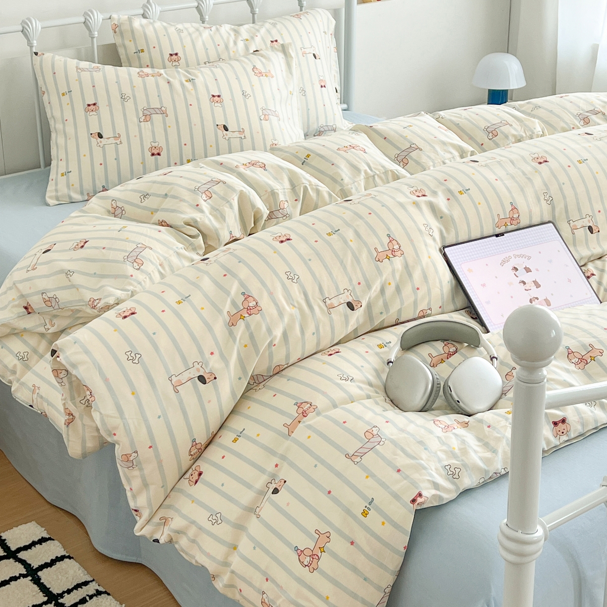 91家纺网 家纺一手货源 找家纺 早晨家纺 2026新款INS减龄可爱风卡通40支全棉纯棉色织水洗棉四件套 趣味狗