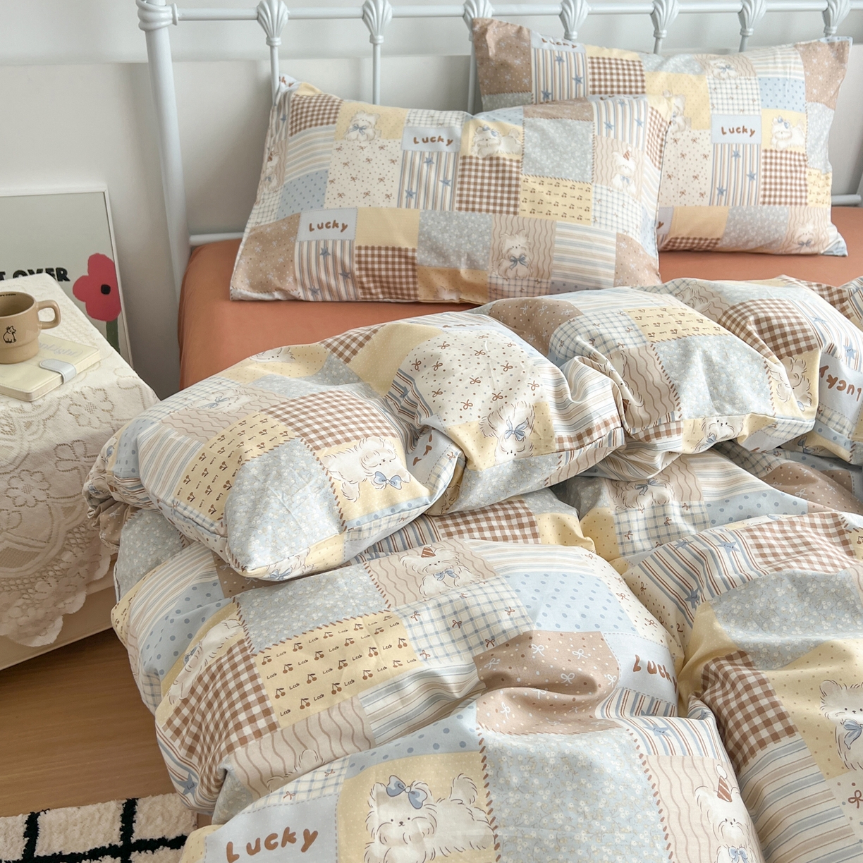 91家纺网 家纺一手货源 找家纺 早晨家纺 2026新款INS减龄可爱风卡通40支全棉纯棉色织水洗棉四件套 汪星人乐园