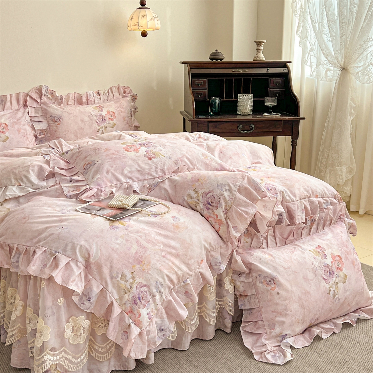 91家纺网 家纺一手货源 找家纺 宜凡家纺 2026新款全棉数码印花单层床裙三四件套①号系列四件套 香雪海