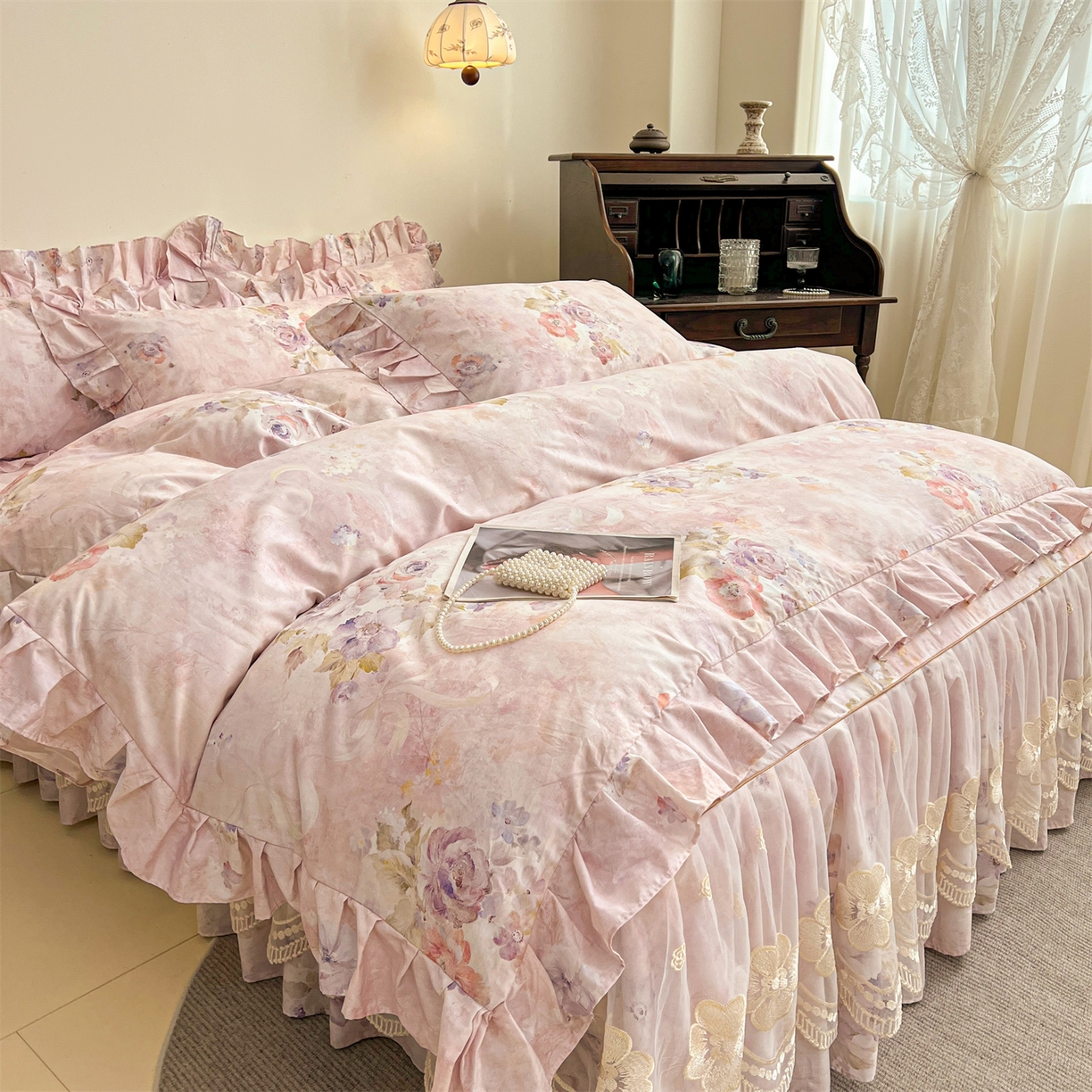 91家纺网 家纺一手货源 找家纺 宜凡家纺 2026新款全棉数码印花单层床裙三四件套①号系列四件套 香雪海