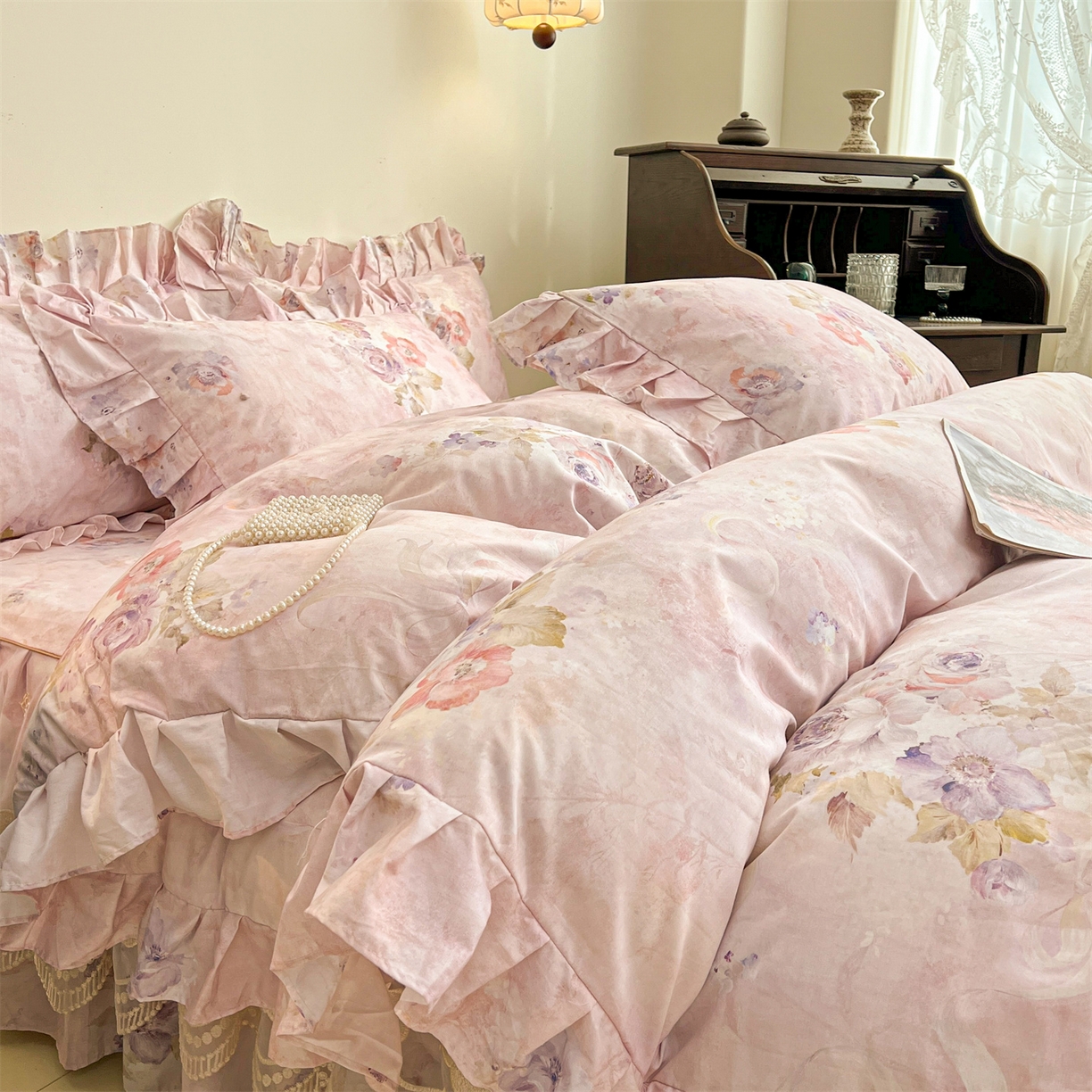 91家纺网 家纺一手货源 找家纺 宜凡家纺 2026新款全棉数码印花单层床裙三四件套①号系列四件套 香雪海