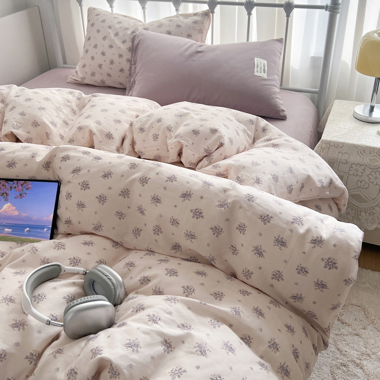 91家纺网 家纺一手货源 找家纺 早晨家纺 2026新款INS博主风混搭小碎花A类全棉双层纱四件套 双层纱-春颂