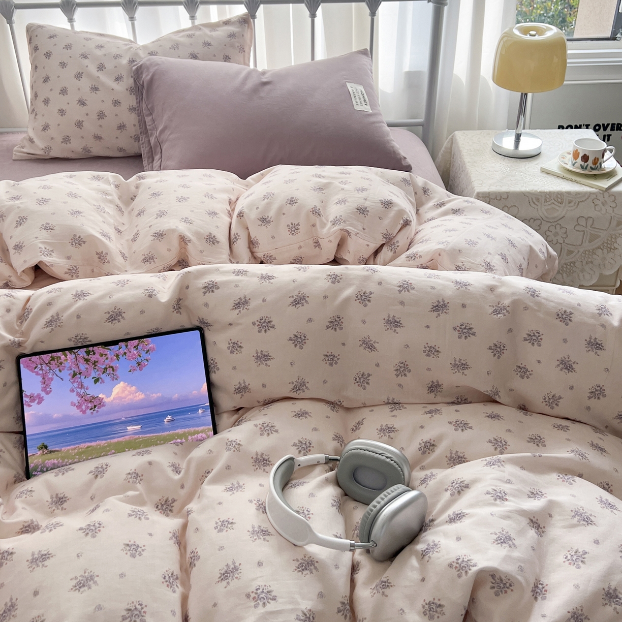 91家纺网 家纺一手货源 找家纺 早晨家纺 2026新款INS博主风混搭小碎花A类全棉双层纱四件套 双层纱-春颂