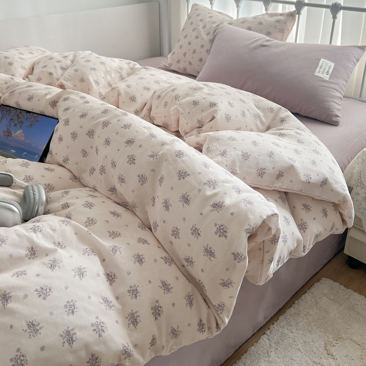 91家纺网 家纺一手货源 找家纺 早晨家纺 2026新款INS博主风混搭小碎花A类全棉双层纱四件套 双层纱-春颂