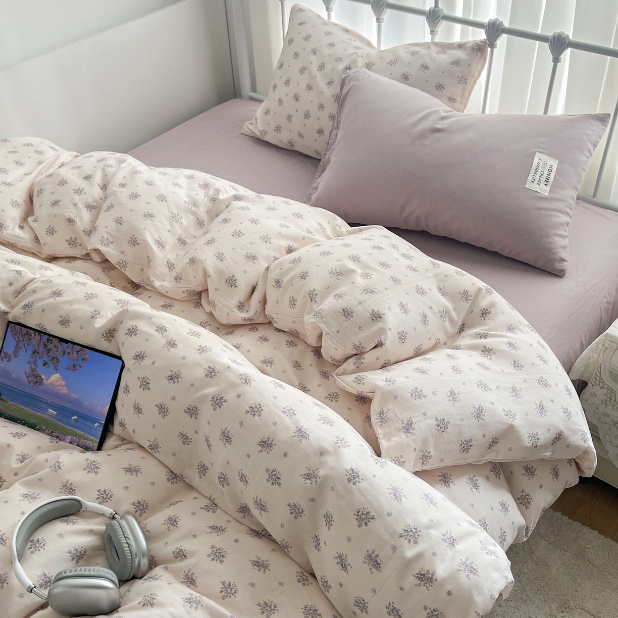 91家纺网 家纺一手货源 找家纺 早晨家纺 2026新款INS博主风混搭小碎花A类全棉双层纱四件套 双层纱-春颂