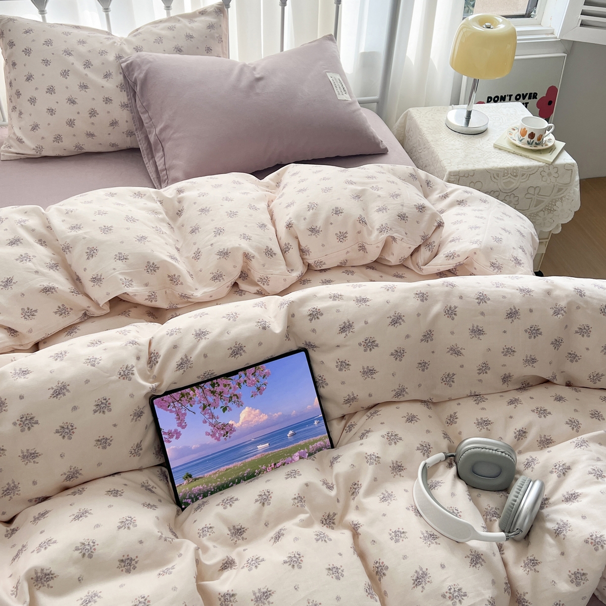 91家纺网 家纺一手货源 找家纺 早晨家纺 2026新款INS博主风混搭小碎花A类全棉双层纱四件套 双层纱-春颂