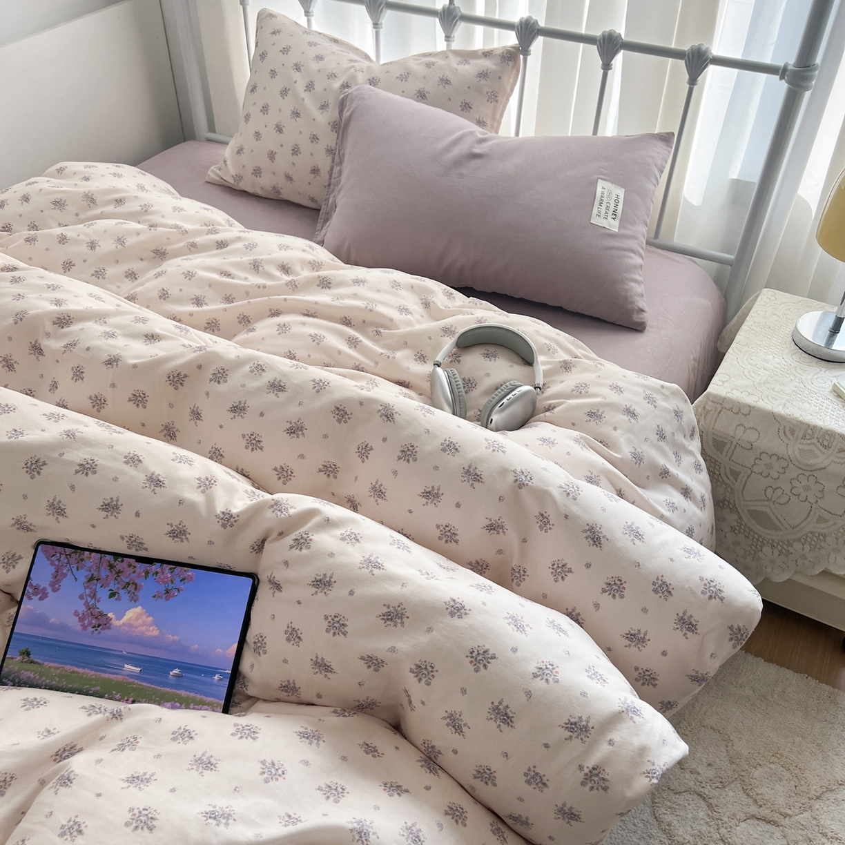 91家纺网 家纺一手货源 找家纺 早晨家纺 2026新款INS博主风混搭小碎花A类全棉双层纱四件套 双层纱-春颂