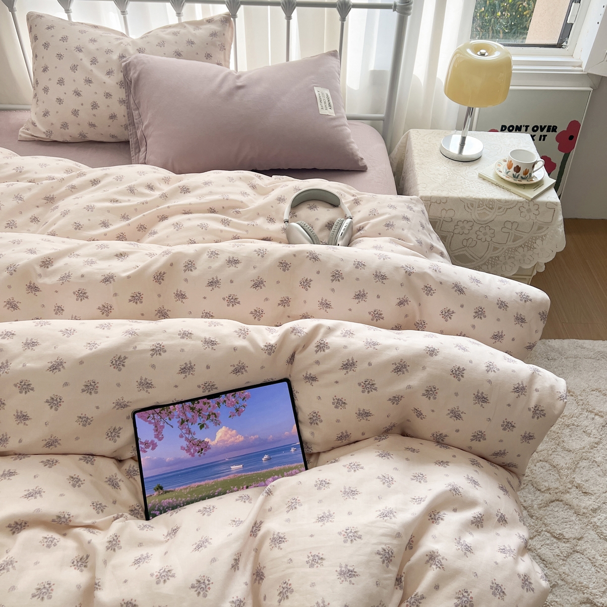 91家纺网 家纺一手货源 找家纺 早晨家纺 2026新款INS博主风混搭小碎花A类全棉双层纱四件套 双层纱-春颂