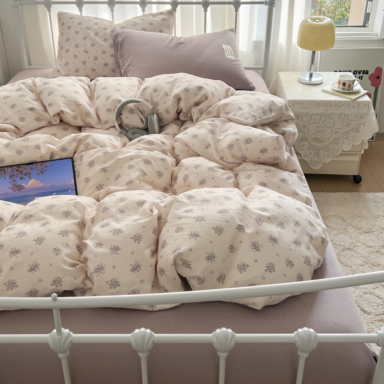 91家纺网 家纺一手货源 找家纺 早晨家纺 2026新款INS博主风混搭小碎花A类全棉双层纱四件套 双层纱-春颂