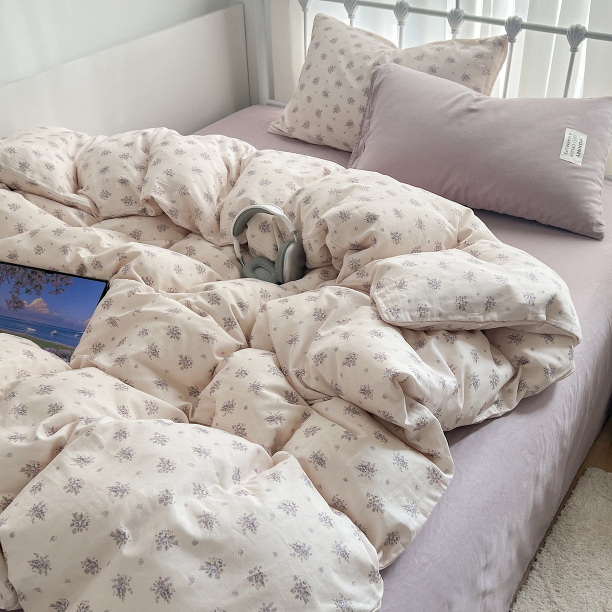 91家纺网 家纺一手货源 找家纺 早晨家纺 2026新款INS博主风混搭小碎花A类全棉双层纱四件套 双层纱-春颂