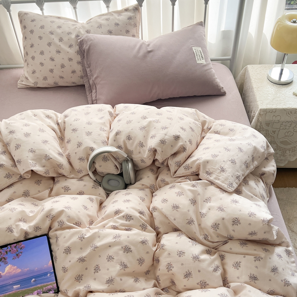 91家纺网 家纺一手货源 找家纺 早晨家纺 2026新款INS博主风混搭小碎花A类全棉双层纱四件套 双层纱-春颂