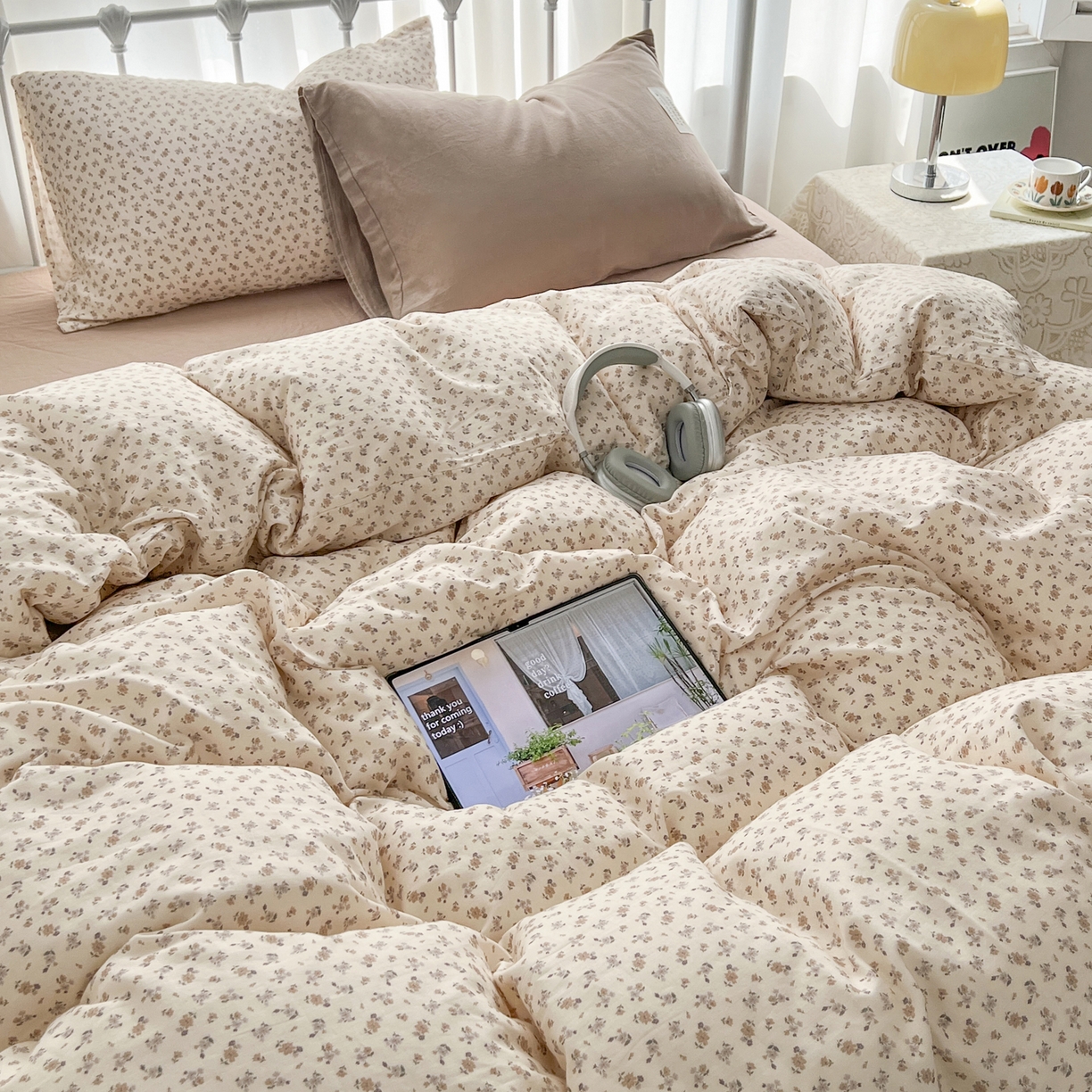 91家纺网 家纺一手货源 找家纺 早晨家纺 2026新款INS博主风混搭小碎花A类全棉双层纱四件套 双层纱-花漾