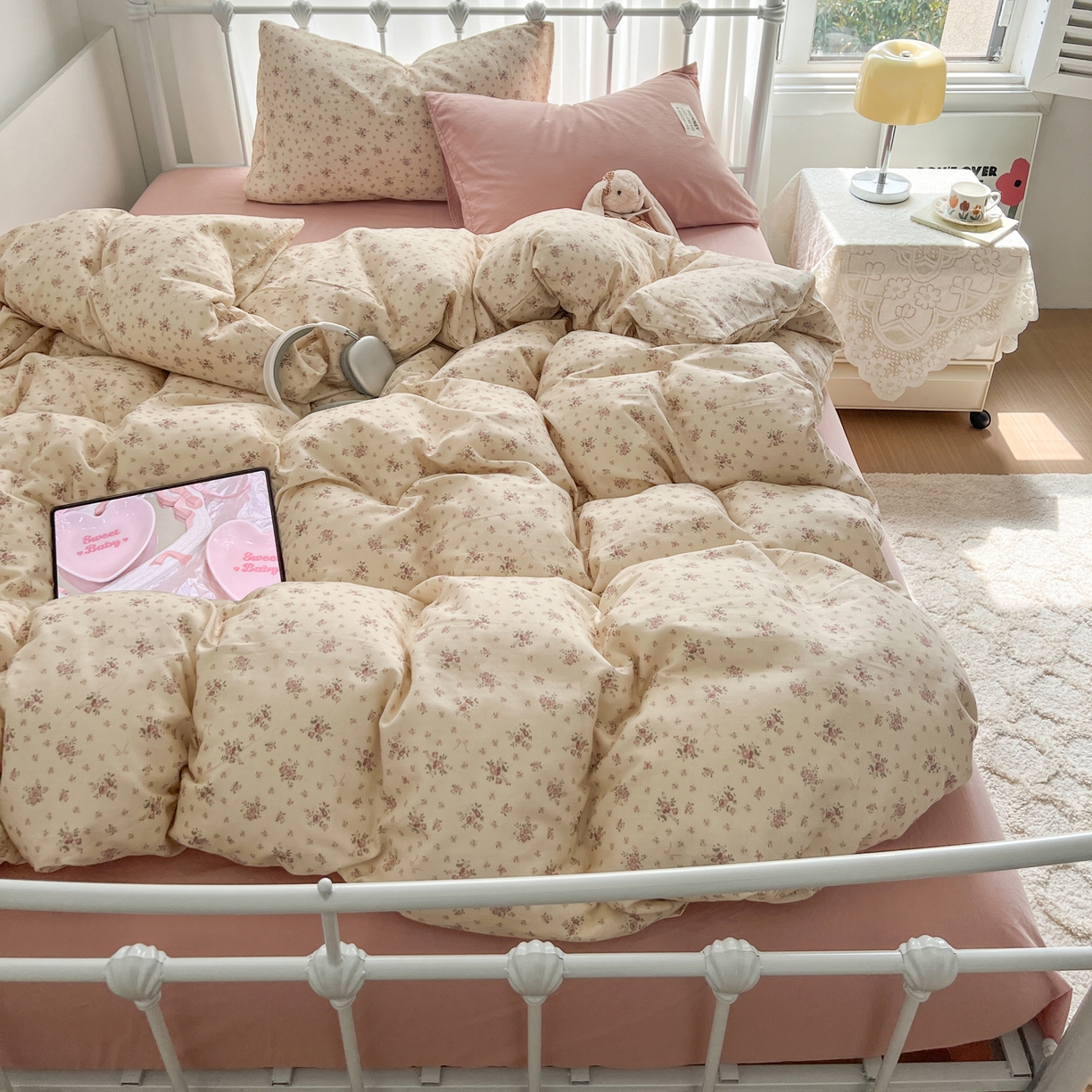 91家纺网 家纺一手货源 找家纺 早晨家纺 2026新款INS博主风混搭小碎花A类全棉双层纱四件套 双层纱-山野物语