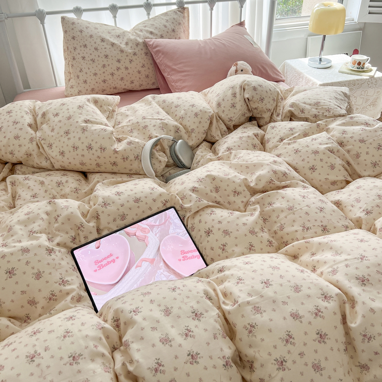 91家纺网 家纺一手货源 找家纺 早晨家纺 2026新款INS博主风混搭小碎花A类全棉双层纱四件套 双层纱-山野物语