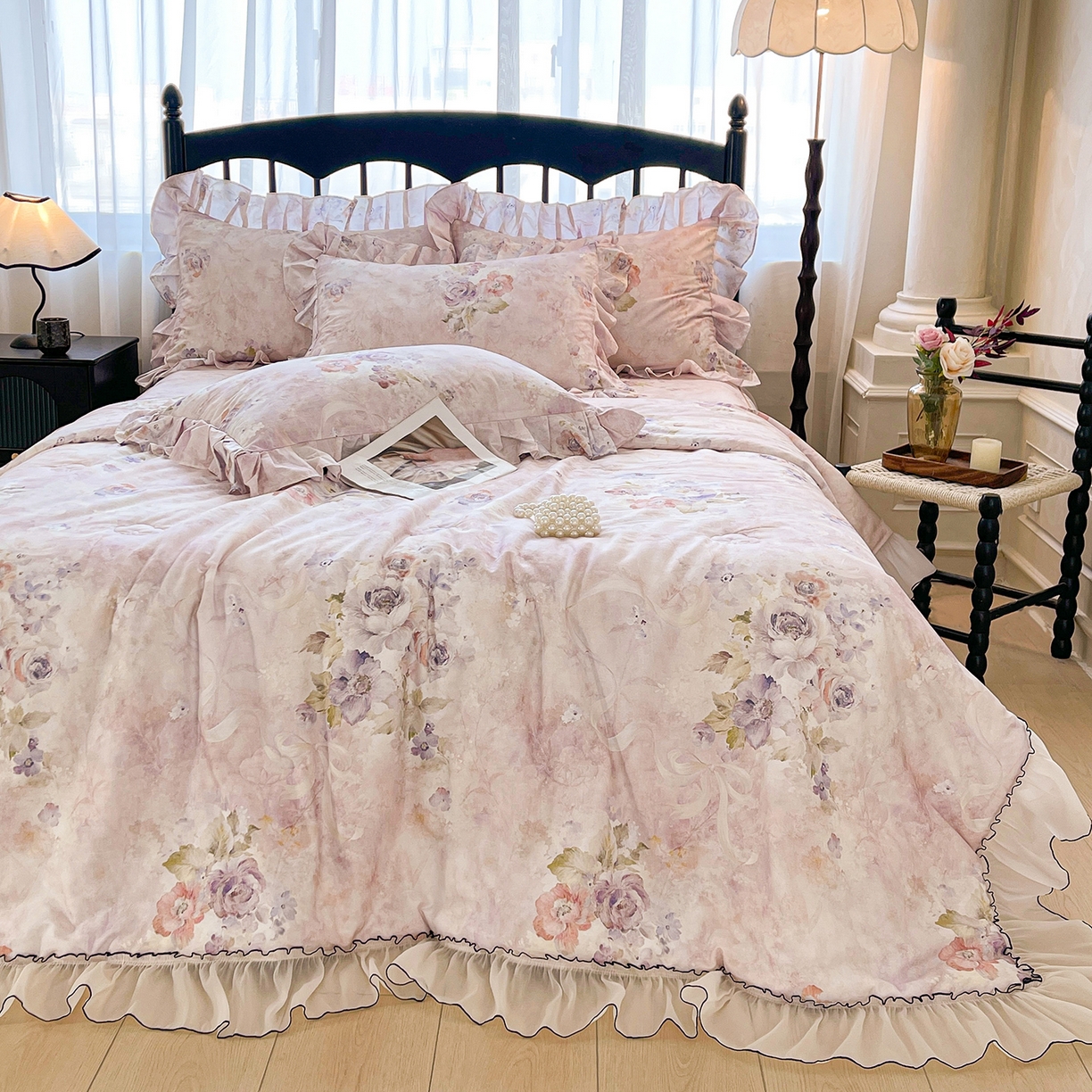 91家纺网 家纺一手货源 找家纺 宜凡家纺 2026新款全棉数码印花夏被床裙四件套①号系列 香雪海