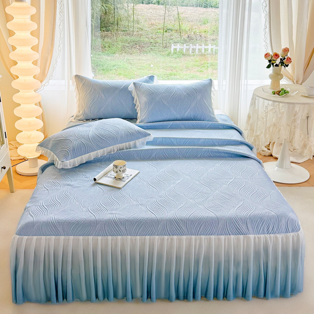 91家纺网 家纺一手货源 找家纺 （总）赛丽雅 2026新款A类PE提花渐变色床裙款凉席席子