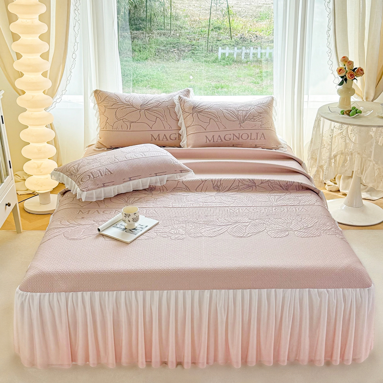 赛丽雅 2026新款A类PE提花渐变色床裙款凉席席子 彼岸花-粉