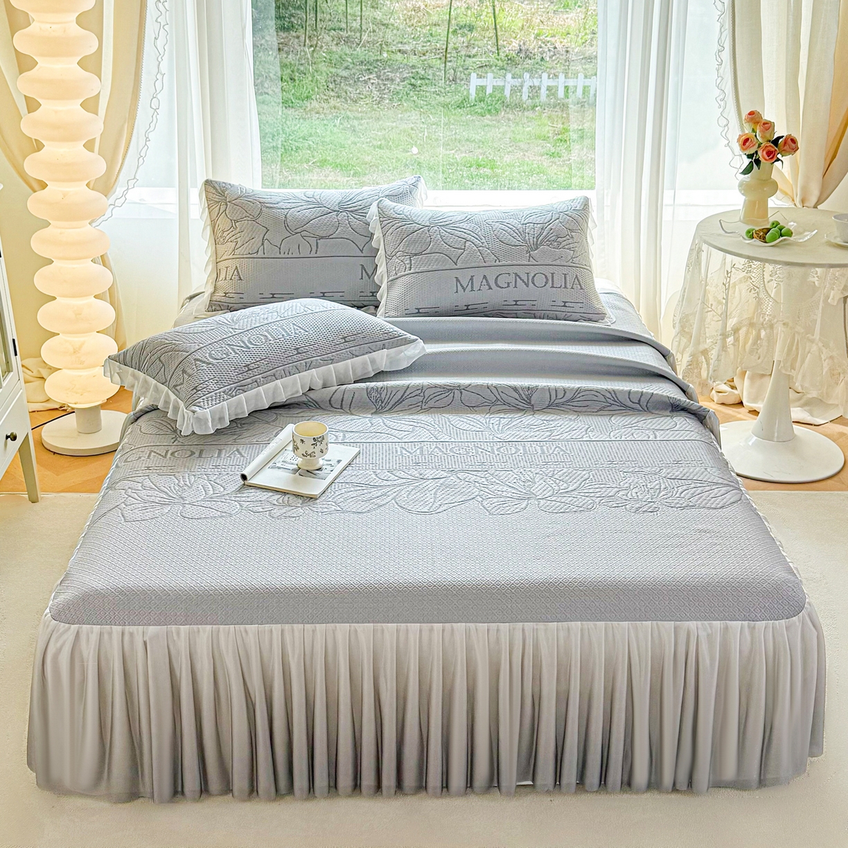 赛丽雅 2026新款A类PE提花渐变色床裙款凉席席子 彼岸花-灰