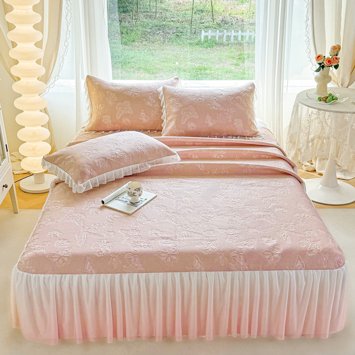 赛丽雅 2026新款A类PE提花渐变色床裙款凉席席子 浮蝶玫瑰-粉