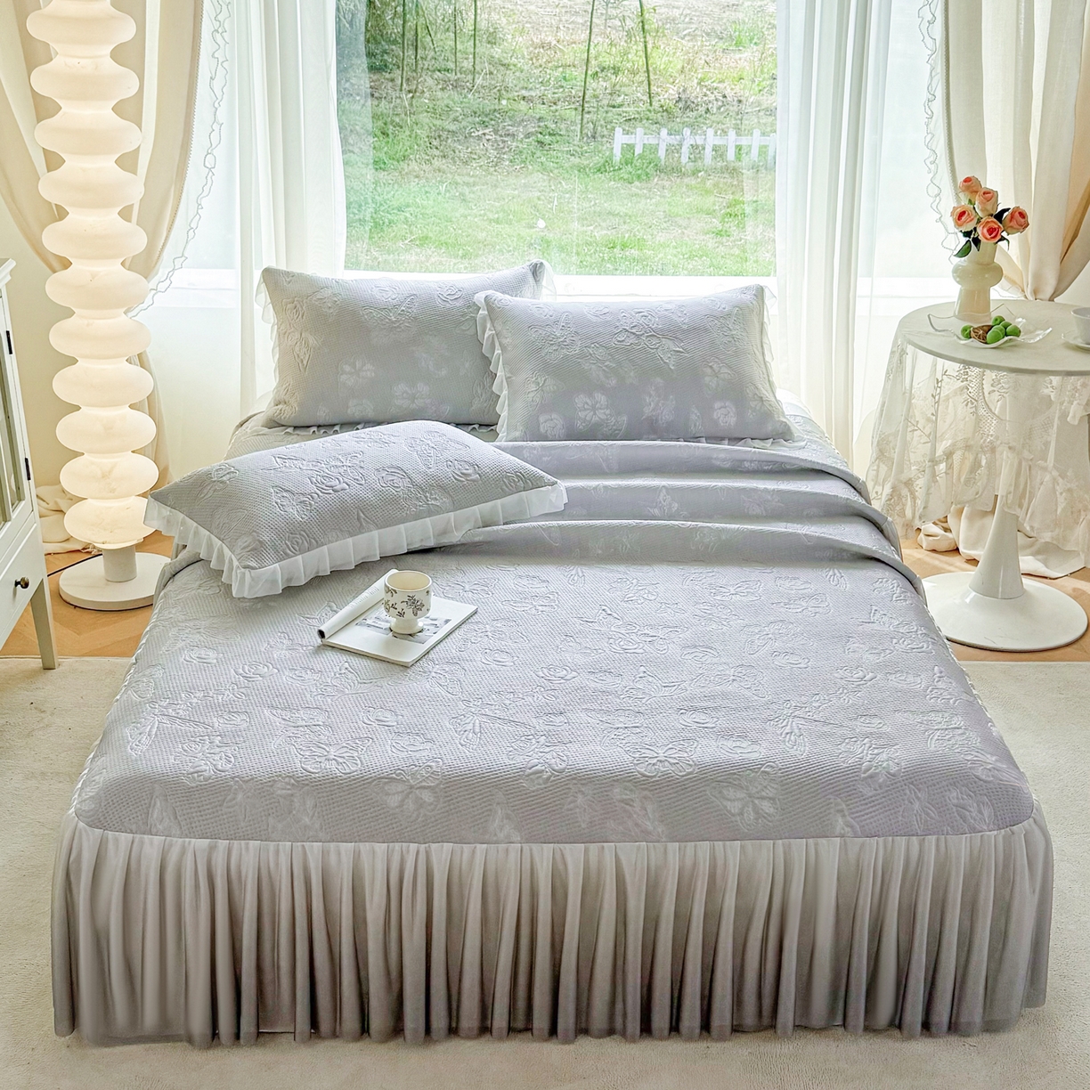 赛丽雅 2026新款A类PE提花渐变色床裙款凉席席子 浮蝶玫瑰-灰