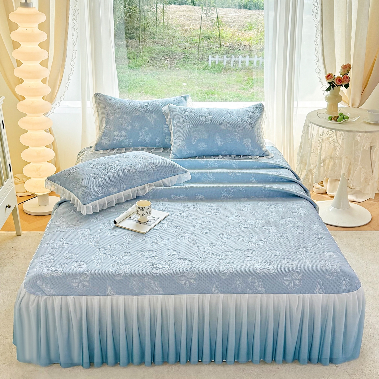 赛丽雅 2026新款A类PE提花渐变色床裙款凉席席子 浮蝶玫瑰-蓝