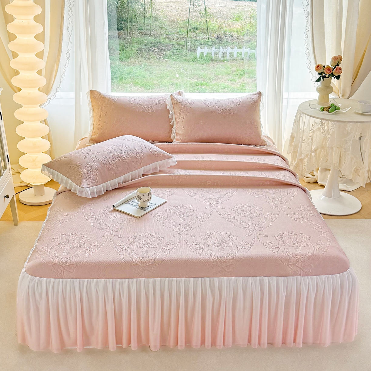 赛丽雅 2026新款A类PE提花渐变色床裙款凉席席子 可可花镜-粉