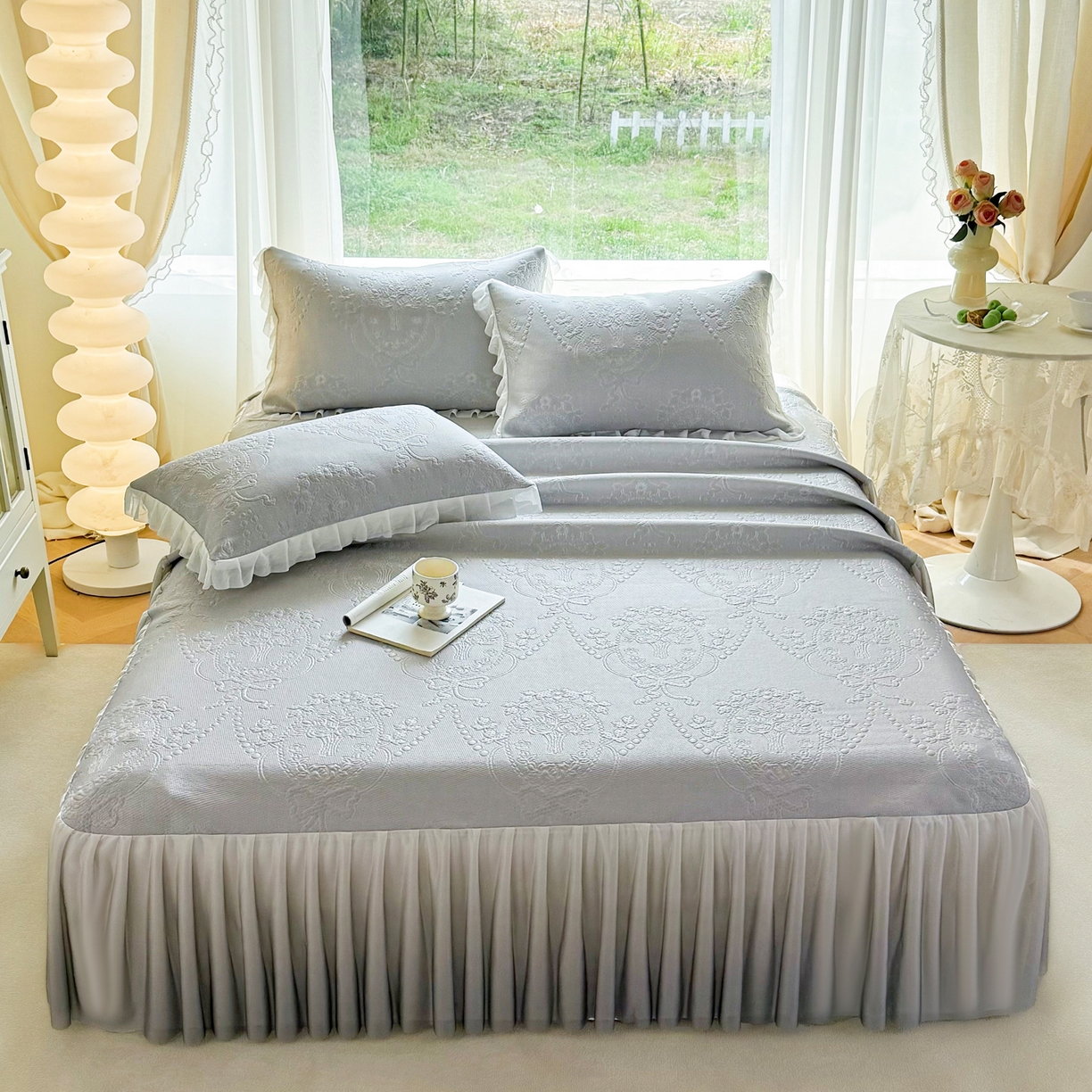 赛丽雅 2026新款A类PE提花渐变色床裙款凉席席子 可可花镜-灰