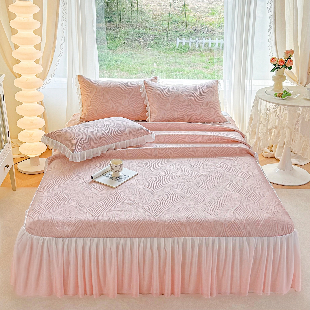 赛丽雅 2026新款A类PE提花渐变色床裙款凉席席子 素色主义-粉